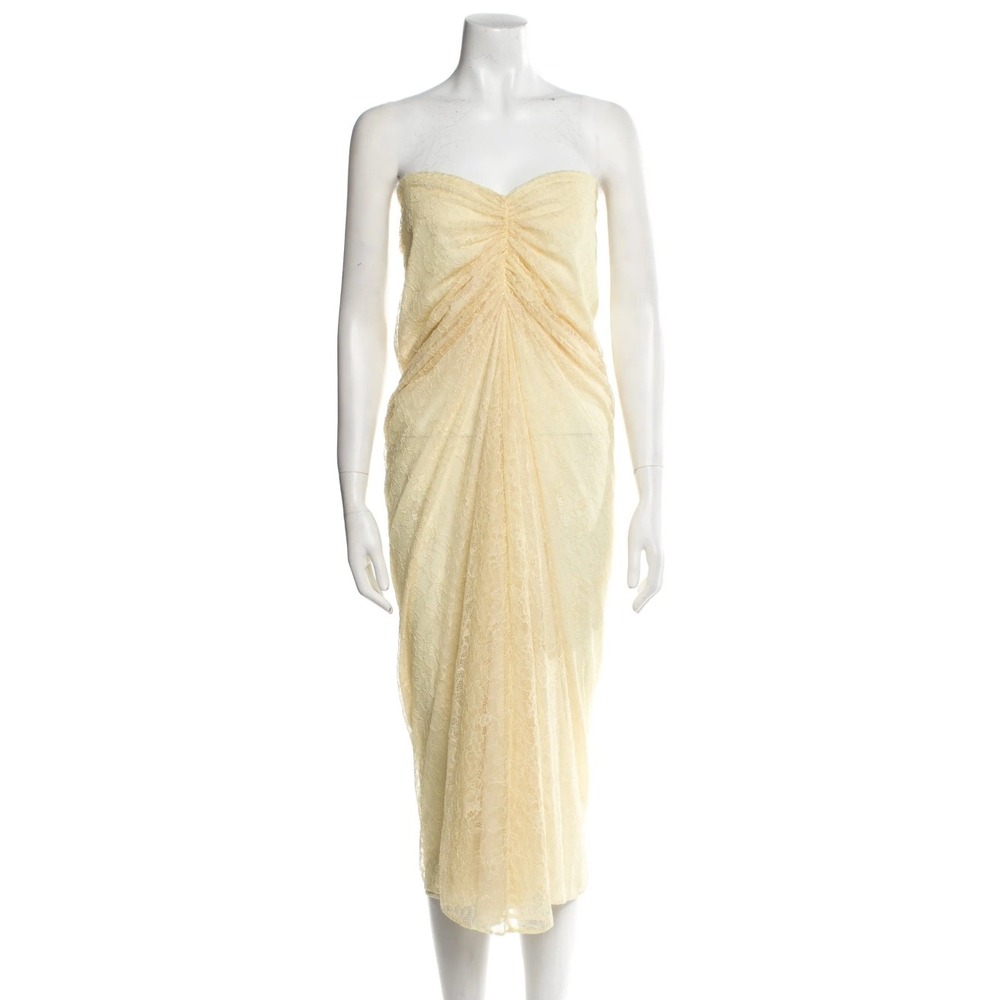 Ronny Kobo Strapless Lace Ruched Midi Dress, Yellow, Size L